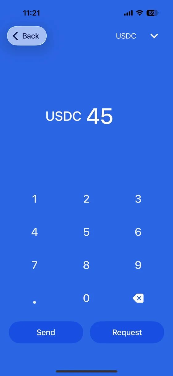 SmilePay amount screen in USDC with Send and Request